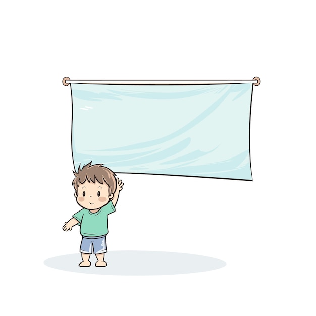 Joven niño de dibujos animados de pie al lado de una pancarta en blanco con fondo blanco Niño que presenta un espacio vacío