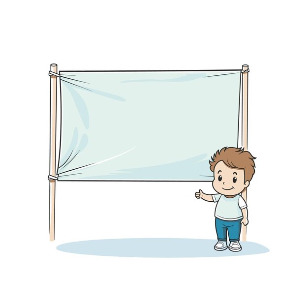Joven niño de dibujos animados presentando una pancarta en blanco niño de pie al lado de un cartel vacío listo texto