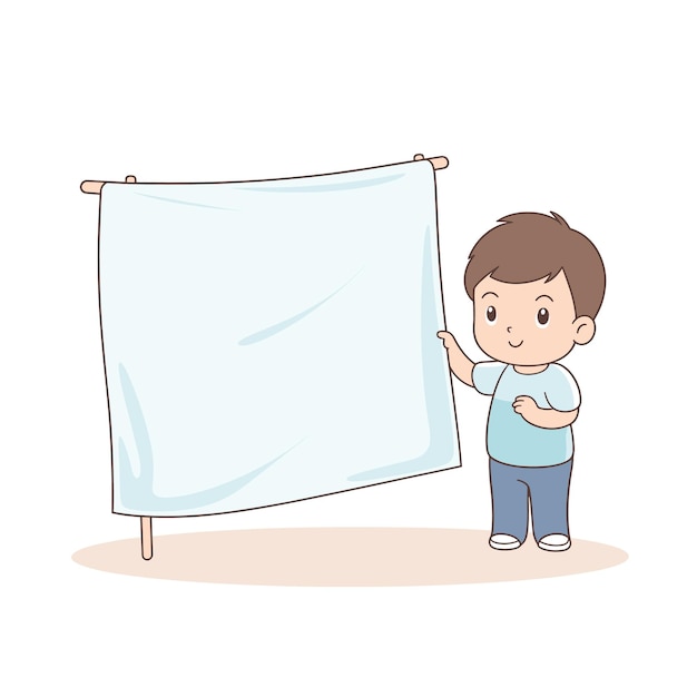 Joven niño de dibujos animados presentando una pancarta en blanco niño sonriente mostrando un cartel vacío Ilustración