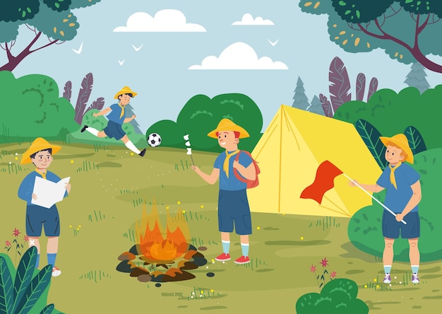 Joven niño explorador acampar al aire libre relajarse grupo de personajes infantiles juntos pasar tiempo bosque salvaje ilustración vectorial plana senderismo en el bosque