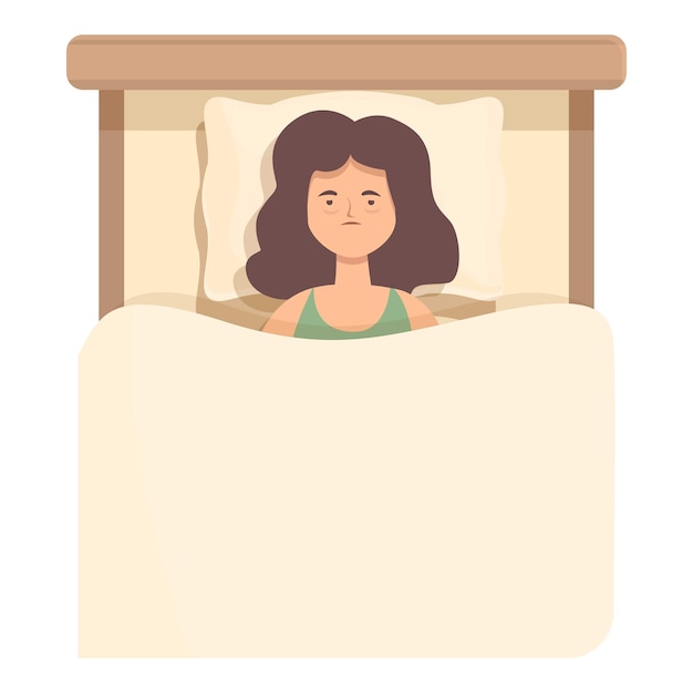 Vector joven, no, sueño, icono, caricatura, vector, cama, desorden, salud, noche