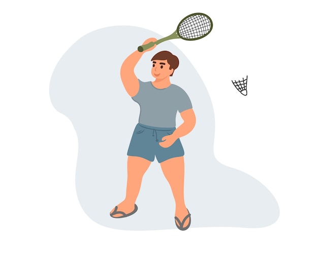 Un joven o un niño juega al bádminton o al tenis. Ocio.