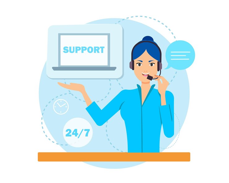 Vector joven operadora del centro de llamadas hablando en línea con el cliente ayudando a la gente en línea personal del departamento de atención al cliente comunicación de servicio al cliente ilustración plana vectorial en colores azules
