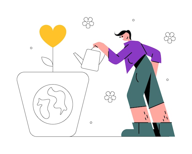 Joven de una organización de voluntariado regando plantas que apoyan el medio ambiente Ayuda de una Organización de Ayuda Humanitaria Concepto de salvar la naturaleza Ilustración plana vectorial