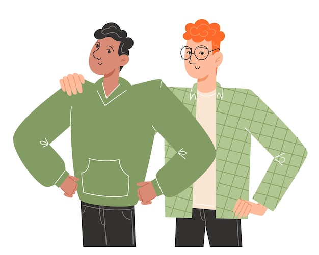 Un joven se para orgulloso hombros cuadrados al lado de su amigo