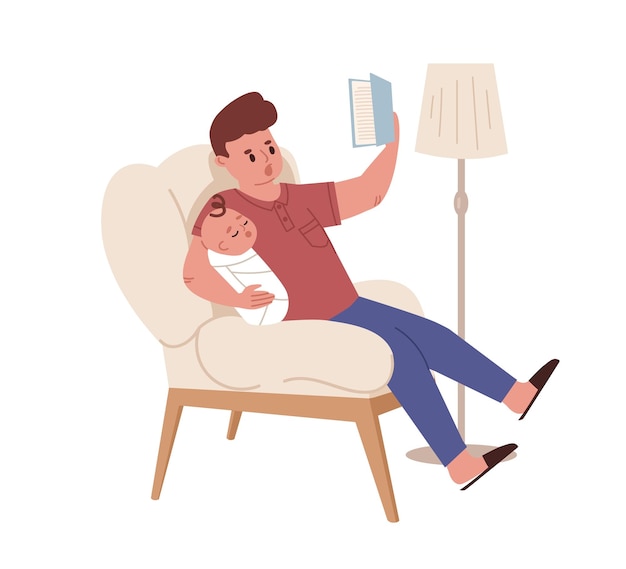 Joven padre divertido sentado en una silla y leyendo un libro para un bebé recién nacido. Papá con bebé dormido. Ilustración de vector de dibujos animados planos coloreados de licencia de paternidad y paternidad aislada sobre fondo blanco