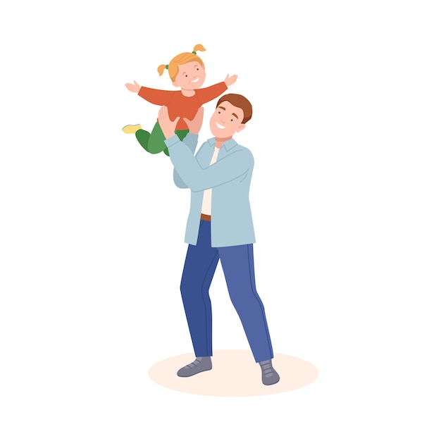 Joven padre jugando con su hija volándola en el aire Ilustración vectorial