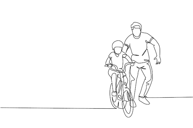 Un joven padre que dibuja una línea continua ayuda a su hijo a aprender a andar en bicicleta Lección de paternidad
