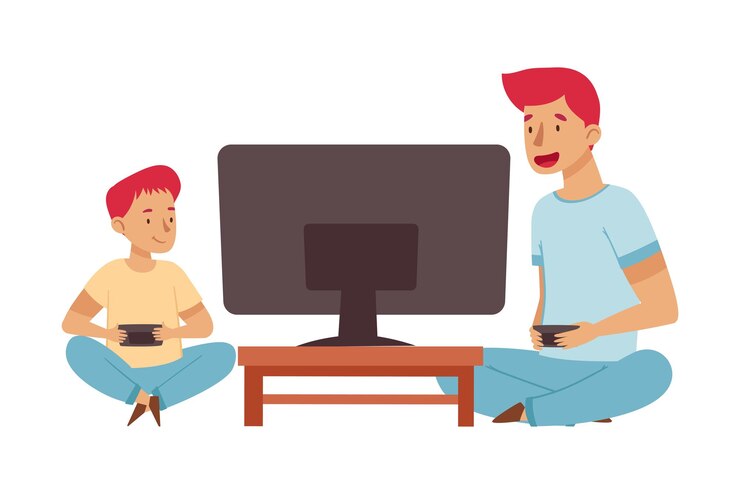 Vector un joven padre sentado con su hijo jugando a un videojuego con una ilustración vectorial de gamepad