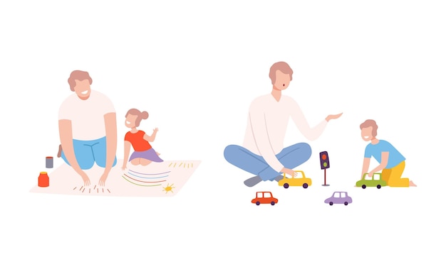 Un joven padre con su hijo dibujando con pinturas y jugando con un juego vectorial de coches de juguete