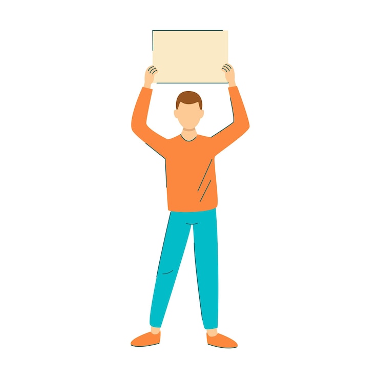 Vector joven con pancarta en sus manos protesta concepto chico en huelga ilustración vectorial aislado