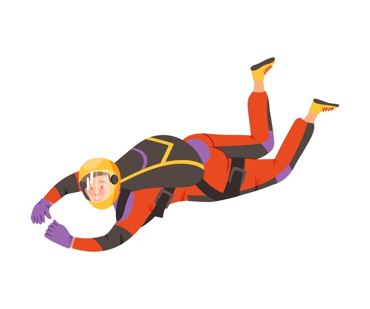 Vector un joven paracaidista en caída libre en el aire con una ilustración vectorial de la bolsa de paracaídas