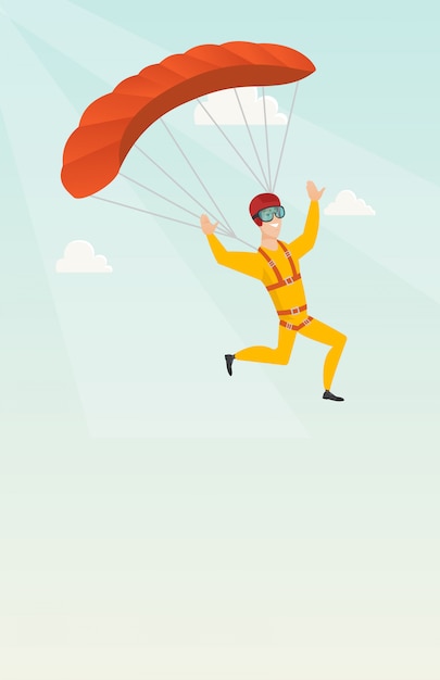 Joven paracaidista caucásico volando con un paracaídas