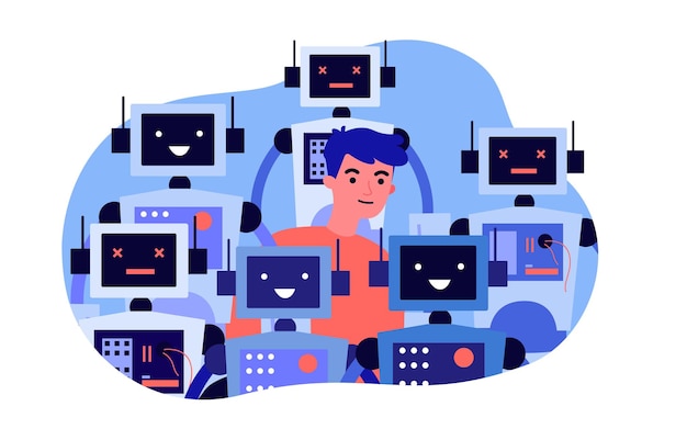 Joven parado en multitud de robots. Ilustración de vector plano. Hombre rodeado de robots inteligentes con paneles de control funcionales y rotos. Robótica, futuro, tecnologías modernas, concepto de humanidad.