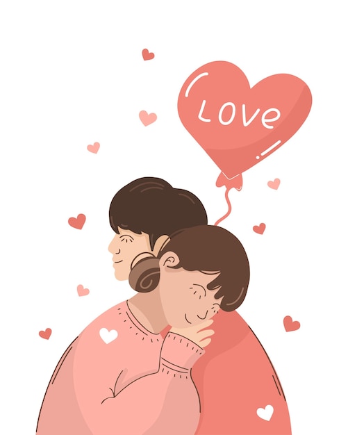 Una joven pareja enamorada se abraza tarjeta postal e ilustración para el día de San Valentín la chica puso su cabeza en