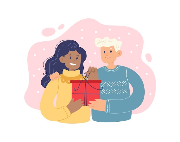 Una joven pareja feliz abriendo un regalo de Navidad presenta un concepto de ilustración vectorial en estilo simple