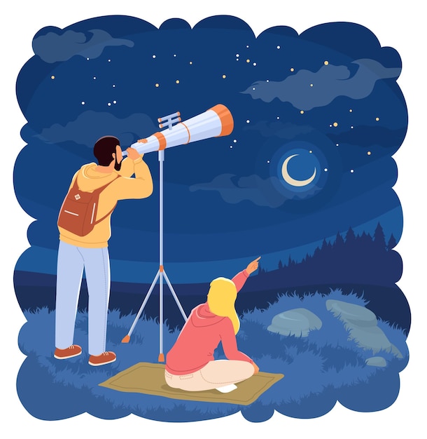 Vector una joven pareja feliz explorando el cielo estrellado mirando a través de un telescopio pasando tiempo juntos durante citas románticas al aire libre ilustración vectorial