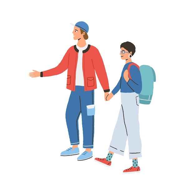 Joven pareja moderna feliz durante el viaje. Hombre mostrando y diciéndole algo a la mujer. Personajes turísticos caminando con mochilas. Ilustración de vector plano aislado sobre fondo blanco.