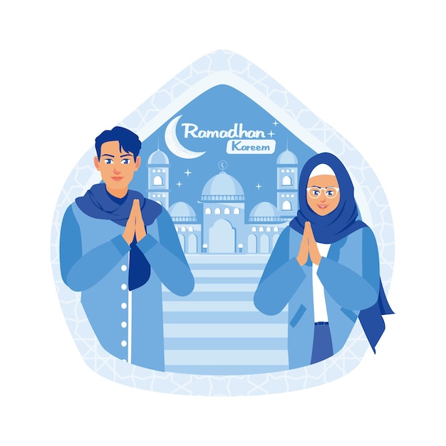 Una joven pareja musulmana da la bienvenida al mes de Ramadán diciendo saludos de Ramadá con una mezquita en el fondo Ramadán Kareem concepto Ilustración vectorial plana