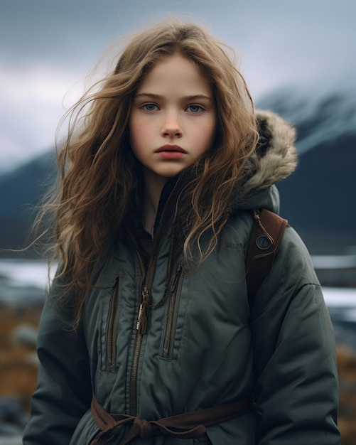 Una joven en una parka de pie frente a una montaña