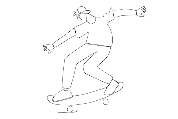 Vector un joven patinador practicando skateboarding básico en el skatepark one line art