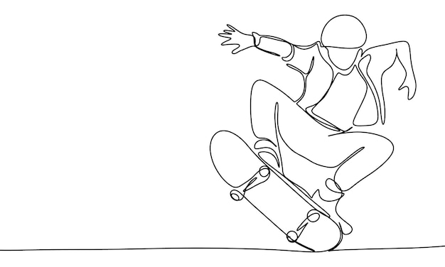 Joven en patineta una línea continua Arte de línea patineta Arte vectorial dibujado a mano