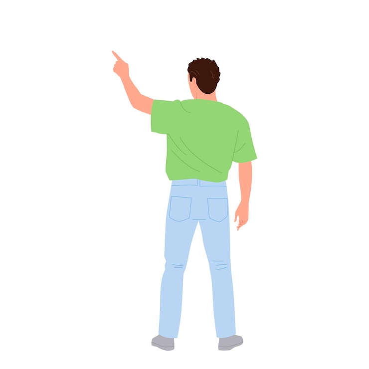 Vector joven personaje de dibujos animados casual apuntando hacia arriba con el dedo de pie aislado en fondo blanco