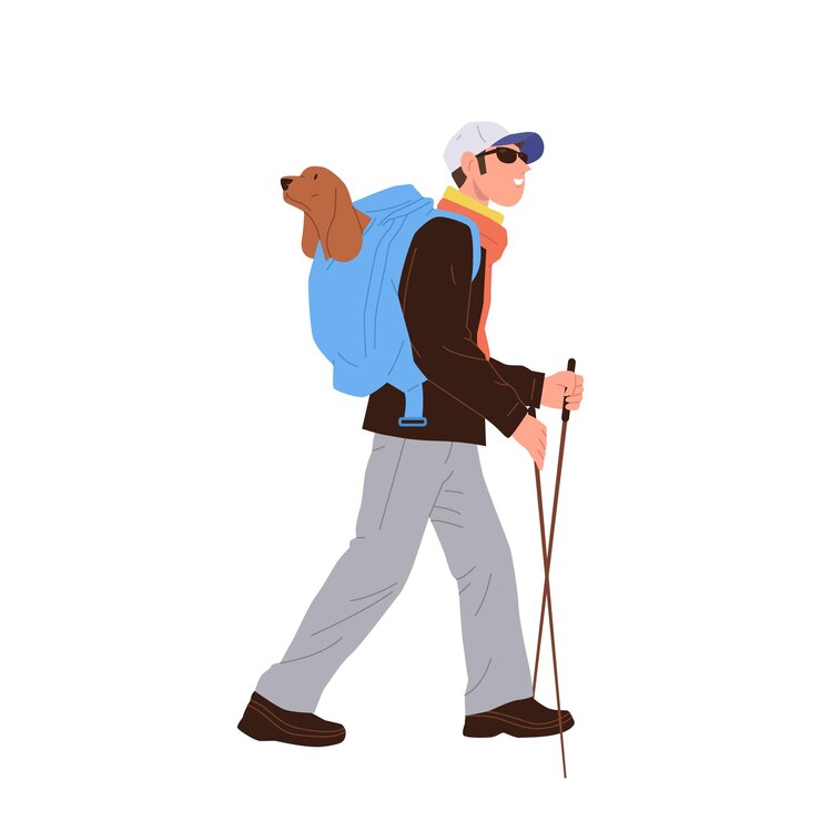 Vector un joven personaje de dibujos animados disfrutando de una excursión de senderismo con un perro sentado en una mochila aislado en blanco