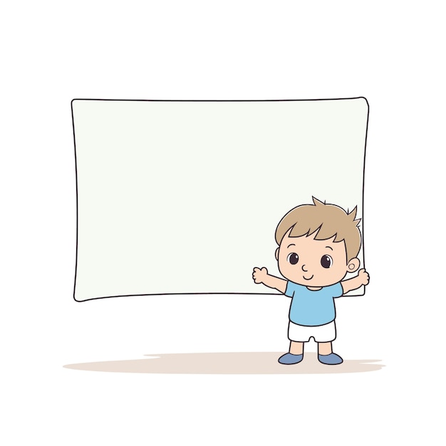 Joven personaje de dibujos animados que sostiene un gran banner en blanco texto de espacio Niño que presenta vacío