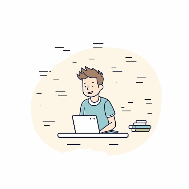 Joven personaje de dibujos animados que trabaja en una computadora portátil sonriendo vestimenta casual tecnología usuario trabajo remoto
