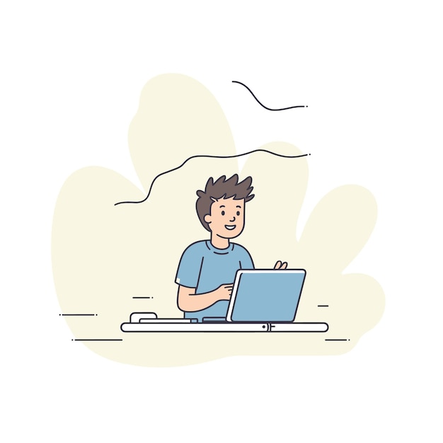 Joven personaje de dibujos animados usando portátil sonriendo tecnología de ocio concepto de fondo simple