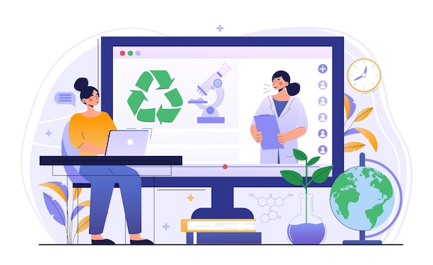 El joven personaje femenino está usando el servicio en línea de ecólogo el científico está cuidando de la naturaleza y