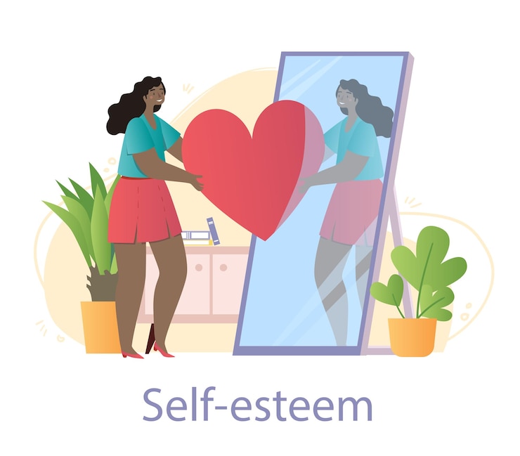 Vector el joven personaje femenino sonriente sostiene un corazón rojo con su reflejo en el espejo sobre un fondo blanco