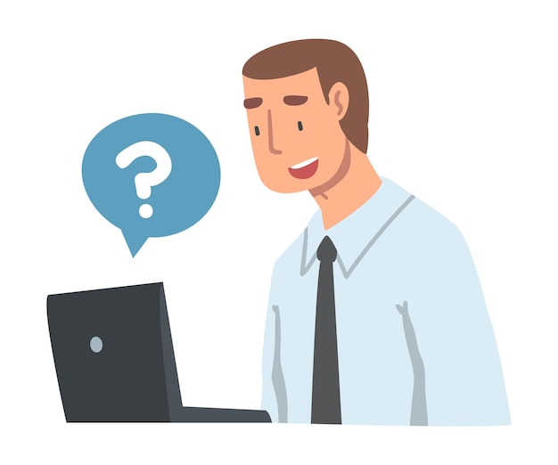 Joven personaje haciendo preguntas usando el sistema de búsqueda de Internet en su ilustración vectorial de portátil