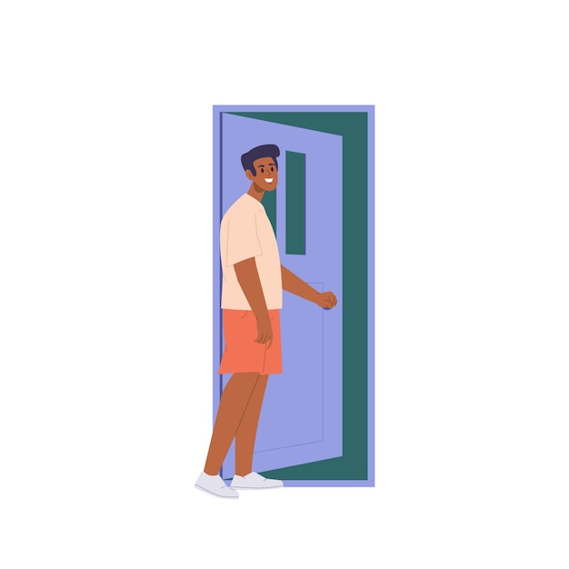 Joven personaje de hombre sonriente feliz parado en la puerta abierta sosteniendo la ilustración del vector del pomo de la puerta