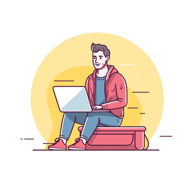Vector joven personaje ilustrado sentado casualmente trabajando en una computadora portátil concepto de estilo de vida nómada digital