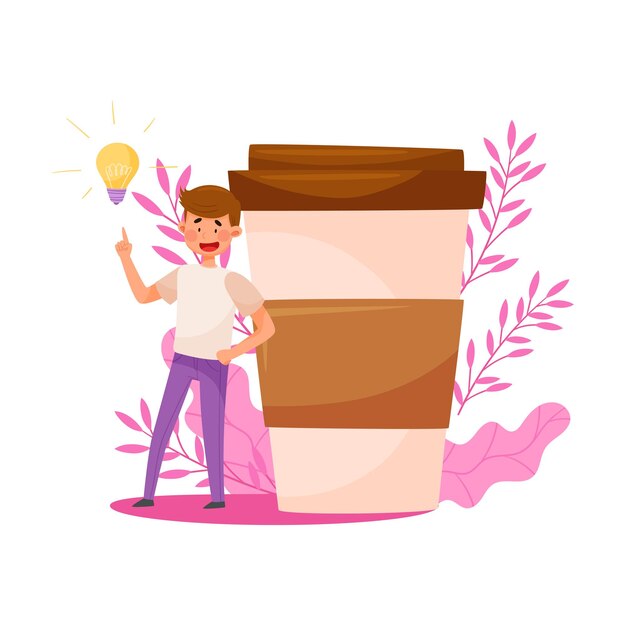Joven personaje de pie cerca de una enorme taza de café con fondo floral ilustración vectorial