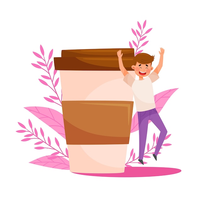 Vector joven personaje saltando de alegría cerca de una enorme taza de café con telón de fondo floral ilustración vectorial