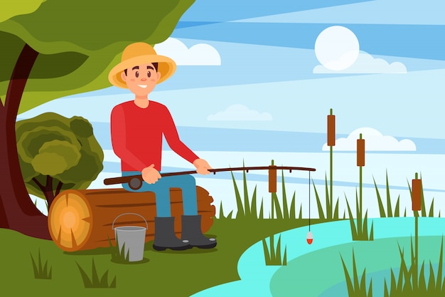 Joven pescando en el lago. Chico sentado en el registro con la barra en las manos. Paisaje de la naturaleza. Recreación al aire libre en verano. Diseño plano