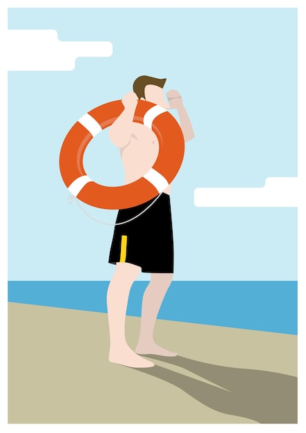 Joven en la playa con un salvavidas en el brazo mirando lejos ilustración vectorial de estilo plano