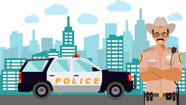 Joven policía sonriente de pie oficial del sheriff en uniforme con coche de policía