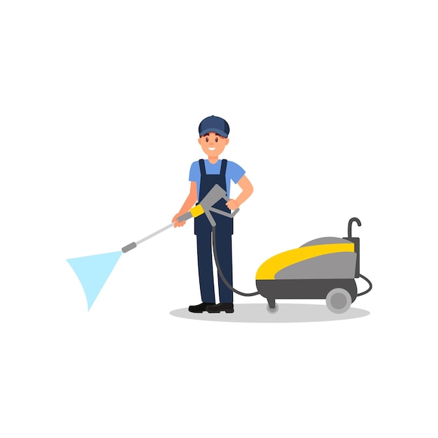Joven posando con máquina de limpieza a chorro Limpiador profesional en el trabajo Chico sonriente en uniforme de trabajo Diseño vectorial plano