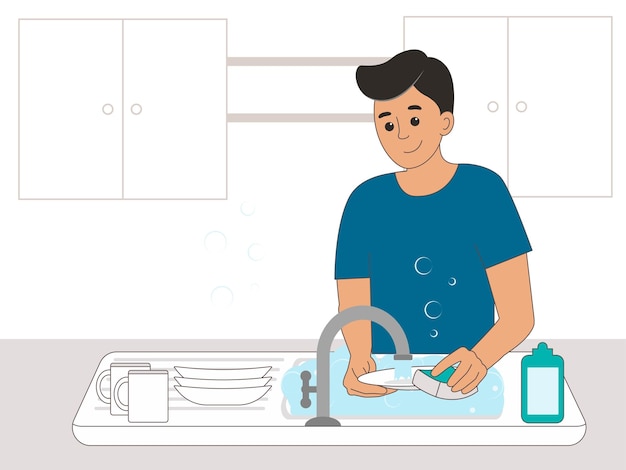 Joven positivo lavando los platos