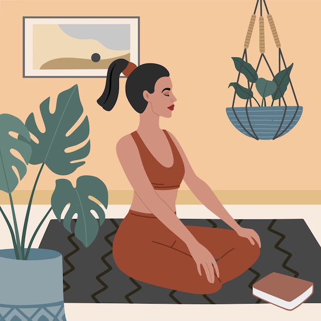 Vector una joven practica yoga en casa en su acogedora sala de estar de estilo escandinavo. práctica de meditación en el apartamento.