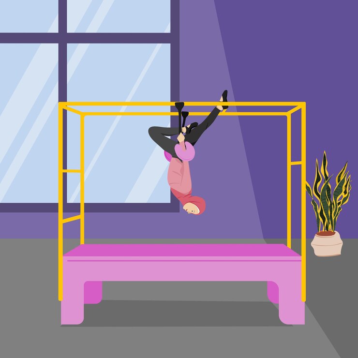 Vector una joven practicando gimnasia en una barra horizontal dentro del gimnasio