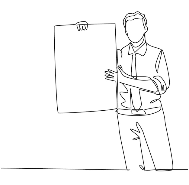 Un joven presentador que dibuja una sola línea sosteniendo un tablero de pantalla grande para presentar el nuevo producto de la empresa