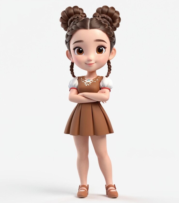 Vector joven princesa con el pelo marrón, los panes dobles, las trenzas y el vestido marrón.