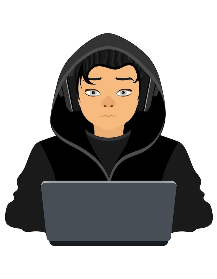 Vector joven programador hacker especialista en codificación de ti sentado en una computadora portátil en un suéter con una ilustración vectorial de estilo plano de capucha