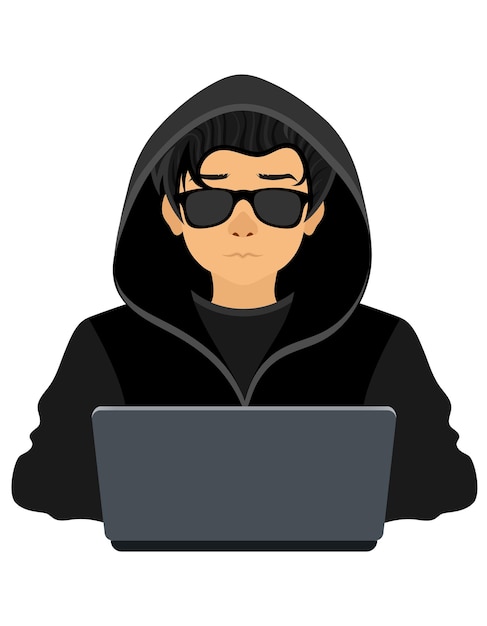 joven programador hacker especialista en codificación de TI sentado en una computadora portátil en un suéter con una ilustración vectorial de estilo plano de capucha