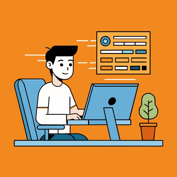 Vector un joven programador que trabaja en una computadora portátil o una computadora en línea.
